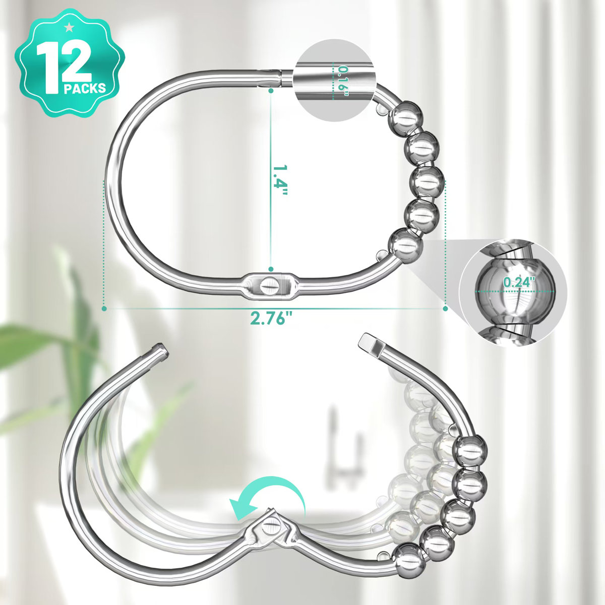Stainless Steel Roller Ball Shower Curtain Hooks Rings (Set of 12)